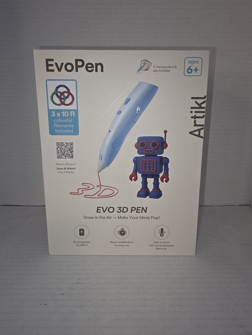 EVO 3D Pen 3 X 10 Feet Colorful Filaments 3 Templates Included Ages 6+